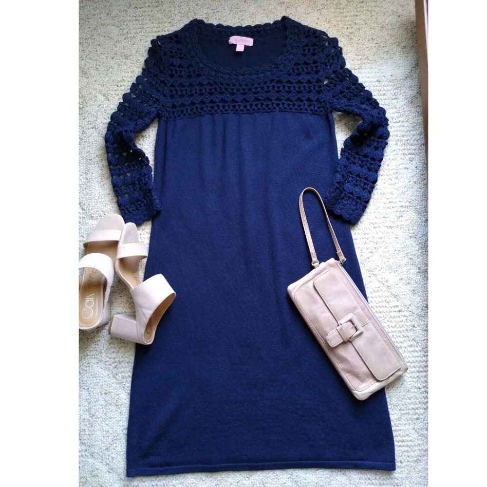 Lilly Pulitzer Kariana Casual 3/4 Crochet Sleeves Knee Knit Dress Navy S